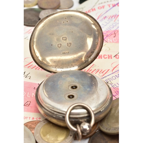 204 - A SILVER POCKET WATCH AND SELECTION OF COINS, a silver pocket watch with a white dial, black roman n... 