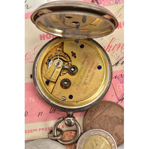 204 - A SILVER POCKET WATCH AND SELECTION OF COINS, a silver pocket watch with a white dial, black roman n... 