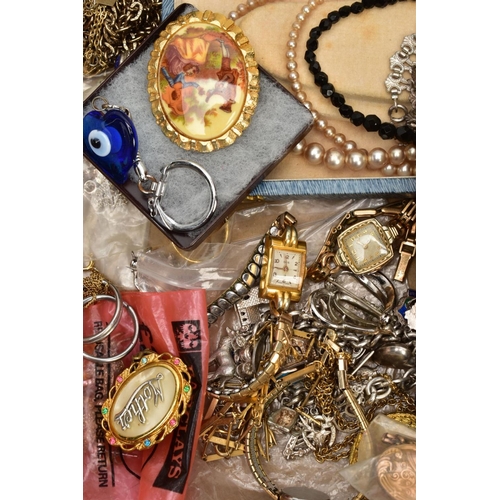 210 - A SELECTION OF SILVER AND COSTUME JEWELLERY, to include a rolled gold cross pendant necklace, a roll... 