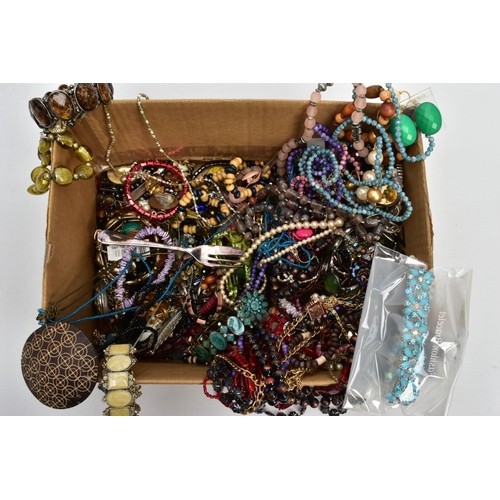211 - A BOX OF ASSORTED COSTUME JEWELLERY, with pieces to include beaded necklaces, bracelets, earrings, b... 