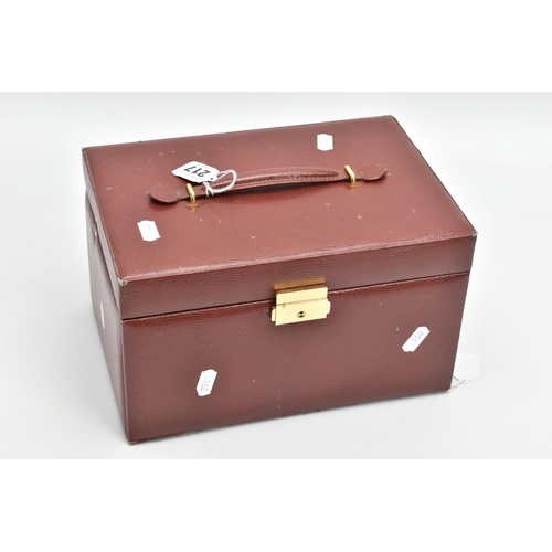 217 - A JEWELLERY BOX AND A SELECTION OF COSTUME JEWELLERY, brown textured jewellery box with mirror and k... 