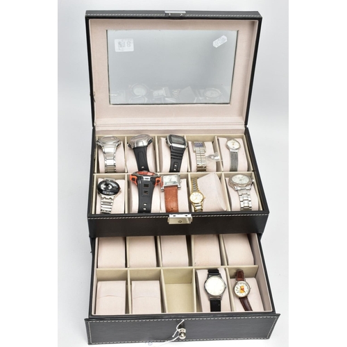 218 - A WATCH DISPLAY CASE WITH ASSORTED WATCHES, a black watch case with twelve assorted watches included... 