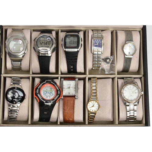 218 - A WATCH DISPLAY CASE WITH ASSORTED WATCHES, a black watch case with twelve assorted watches included... 