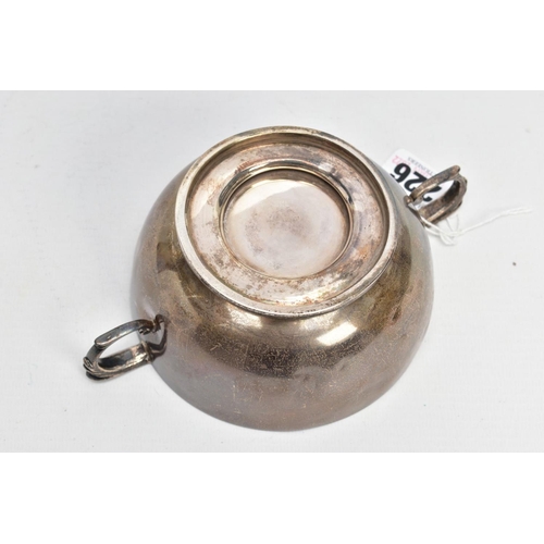 226 - A SILVER PORRIDGER, plain polished design with an engraved monogram, fitted with double handles on a... 
