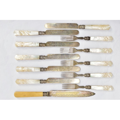 227 - AN ALMOST COMPLETE SIX PIECE SET OF SILVER AND MOTHER OF PEARL HANDLED CUTLERY AND ONE OTHER, to inc... 