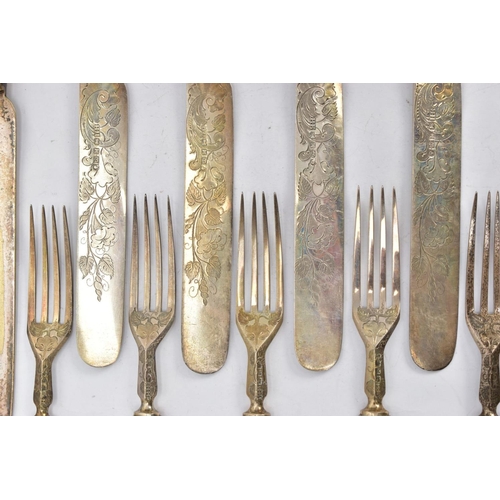 227 - AN ALMOST COMPLETE SIX PIECE SET OF SILVER AND MOTHER OF PEARL HANDLED CUTLERY AND ONE OTHER, to inc... 