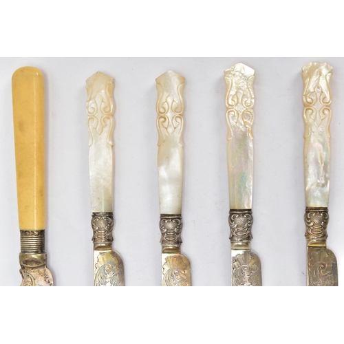 227 - AN ALMOST COMPLETE SIX PIECE SET OF SILVER AND MOTHER OF PEARL HANDLED CUTLERY AND ONE OTHER, to inc... 