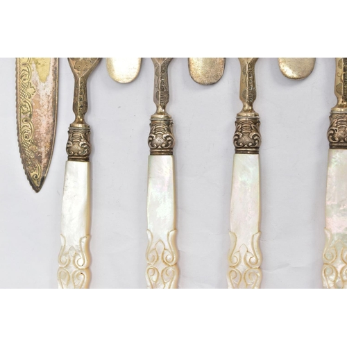 227 - AN ALMOST COMPLETE SIX PIECE SET OF SILVER AND MOTHER OF PEARL HANDLED CUTLERY AND ONE OTHER, to inc... 