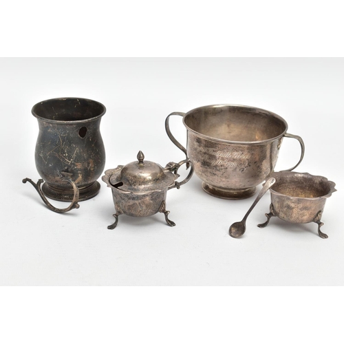 228 - A SELECTION OF SILVER ITEMS, to include a double handled cup, personalised engraving 'Cyril Frederic... 