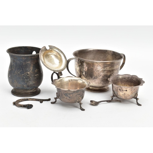 228 - A SELECTION OF SILVER ITEMS, to include a double handled cup, personalised engraving 'Cyril Frederic... 