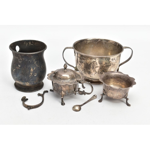 228 - A SELECTION OF SILVER ITEMS, to include a double handled cup, personalised engraving 'Cyril Frederic... 