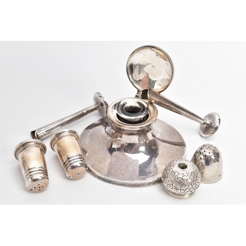 230 - AN ASSORTMENT OF SILVER ITEMS, to include a weighted silver inkwell together with glass ink jar, hal... 