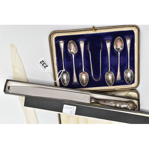 232 - A CASED SET OF SILVER TEASPOONS AND A SILVER HANDLED BREAD KNIFE, the set comprising of six old Engl... 