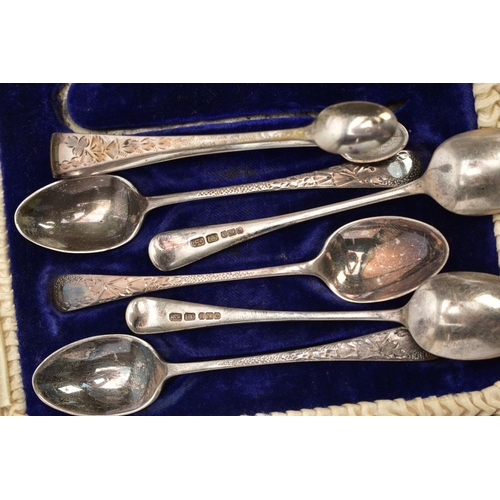 232 - A CASED SET OF SILVER TEASPOONS AND A SILVER HANDLED BREAD KNIFE, the set comprising of six old Engl... 
