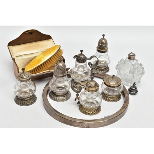 234 - AN ASSORTMENT OF SILVERWARE AND OTHER ITEMS, to include a cased brush with a yellow guilloche enamel... 