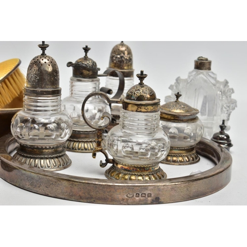 234 - AN ASSORTMENT OF SILVERWARE AND OTHER ITEMS, to include a cased brush with a yellow guilloche enamel... 