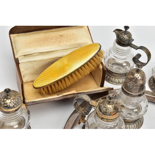 234 - AN ASSORTMENT OF SILVERWARE AND OTHER ITEMS, to include a cased brush with a yellow guilloche enamel... 