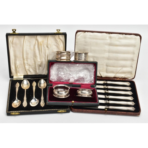 235 - A SELECTION OF SILVER ITEMS, to include a cased set of two concave circular napkin rings, with an en... 