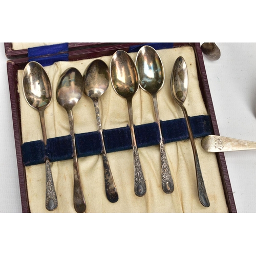 236 - A SELECTION OF SILVER ITEMS AND OTHERS, to include a cased set of six teaspoons with floral detailin... 