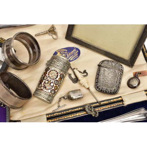 237 - A SELECTION OF SILVER AND WHITE METAL ITEMS, to include a cased set of six teaspoons, with openwork ... 