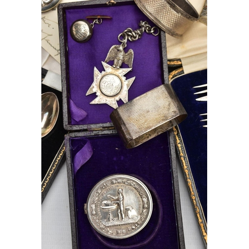 237 - A SELECTION OF SILVER AND WHITE METAL ITEMS, to include a cased set of six teaspoons, with openwork ... 