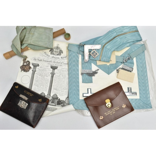 238 - MASONIC REGALIA, to include a light blue and white apron, fitted with white metal tassels, a light b... 