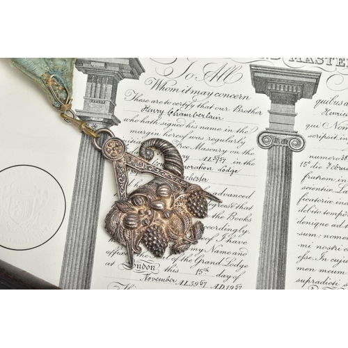 238 - MASONIC REGALIA, to include a light blue and white apron, fitted with white metal tassels, a light b... 