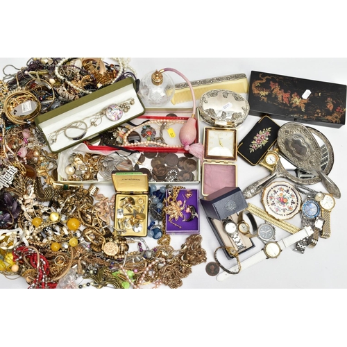 240 - AN ASSORTMENT OF COSTUME JEWELLERY, to include various watche (to include Sekonda and Pulsar), a whi... 