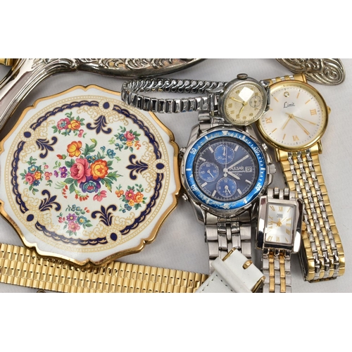 240 - AN ASSORTMENT OF COSTUME JEWELLERY, to include various watche (to include Sekonda and Pulsar), a whi... 