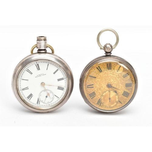 44 - A SILVER OPEN FACE POCKET WATCH AND ONE OTHER, the first a mid-Victorian pocket watch with a floral ... 
