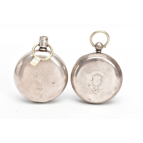 44 - A SILVER OPEN FACE POCKET WATCH AND ONE OTHER, the first a mid-Victorian pocket watch with a floral ... 
