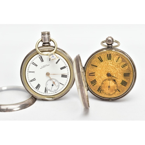 44 - A SILVER OPEN FACE POCKET WATCH AND ONE OTHER, the first a mid-Victorian pocket watch with a floral ... 
