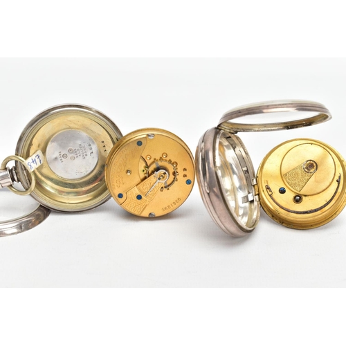 44 - A SILVER OPEN FACE POCKET WATCH AND ONE OTHER, the first a mid-Victorian pocket watch with a floral ... 