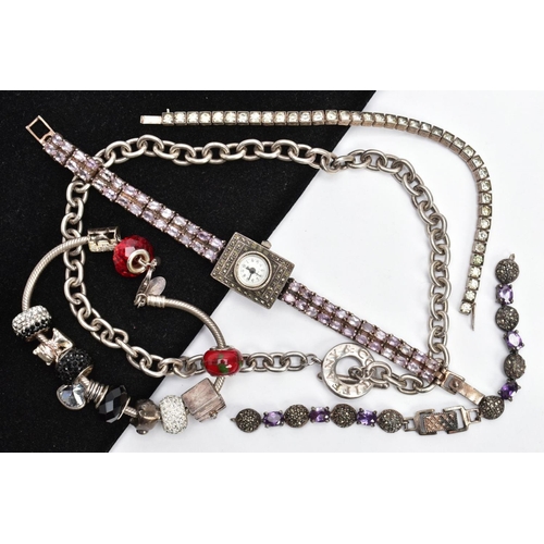 50 - A BAG OF ASSORTED WHITE METAL JEWELLERY, to include a lady's wristwatch, small round white dial with... 