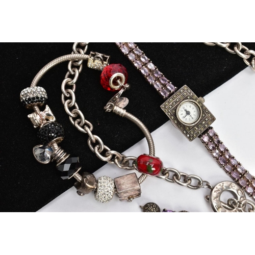 50 - A BAG OF ASSORTED WHITE METAL JEWELLERY, to include a lady's wristwatch, small round white dial with... 
