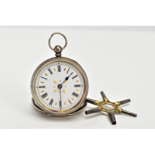 55 - A LADYS OPEN FACE POCKET WATCH, round white dial with gold detailing, Roman numerals, blue hands, wi... 