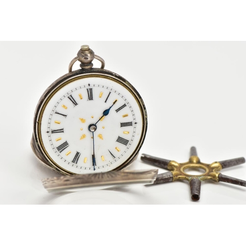 55 - A LADYS OPEN FACE POCKET WATCH, round white dial with gold detailing, Roman numerals, blue hands, wi... 