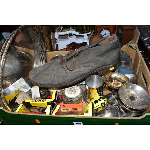 468 - TWO BOXES AND LOOSE METALWARES, CLOCKS, STAMPS AND SUNDRY ITEMS, to include boxed and unboxed Matchb... 
