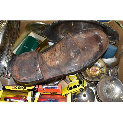 468 - TWO BOXES AND LOOSE METALWARES, CLOCKS, STAMPS AND SUNDRY ITEMS, to include boxed and unboxed Matchb... 