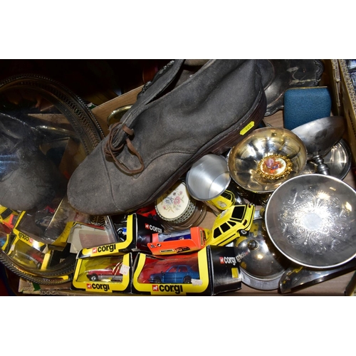 468 - TWO BOXES AND LOOSE METALWARES, CLOCKS, STAMPS AND SUNDRY ITEMS, to include boxed and unboxed Matchb... 
