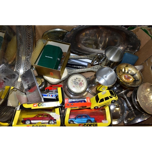 468 - TWO BOXES AND LOOSE METALWARES, CLOCKS, STAMPS AND SUNDRY ITEMS, to include boxed and unboxed Matchb... 