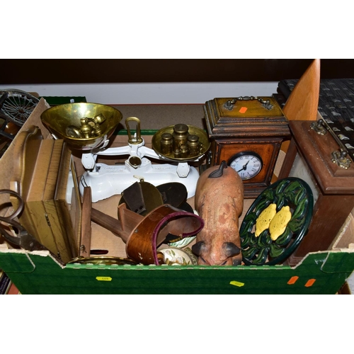 468 - TWO BOXES AND LOOSE METALWARES, CLOCKS, STAMPS AND SUNDRY ITEMS, to include boxed and unboxed Matchb... 