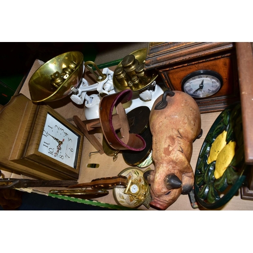 468 - TWO BOXES AND LOOSE METALWARES, CLOCKS, STAMPS AND SUNDRY ITEMS, to include boxed and unboxed Matchb... 