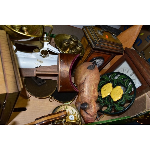 468 - TWO BOXES AND LOOSE METALWARES, CLOCKS, STAMPS AND SUNDRY ITEMS, to include boxed and unboxed Matchb... 