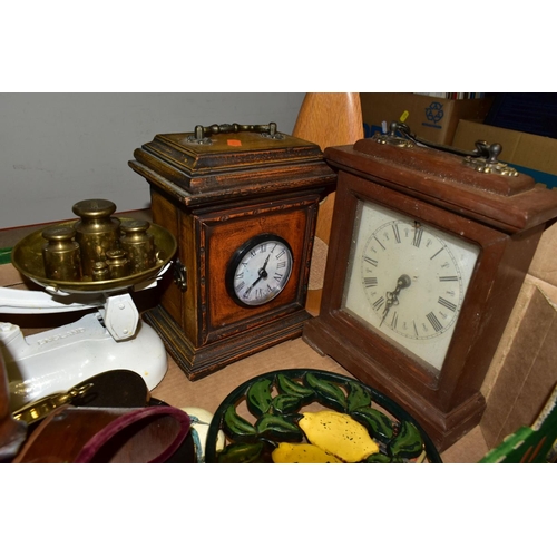 468 - TWO BOXES AND LOOSE METALWARES, CLOCKS, STAMPS AND SUNDRY ITEMS, to include boxed and unboxed Matchb... 