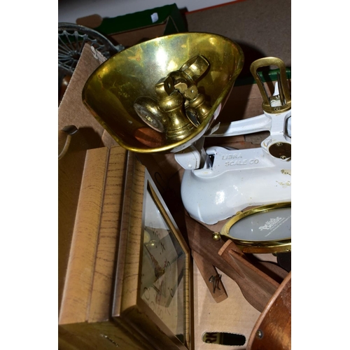 468 - TWO BOXES AND LOOSE METALWARES, CLOCKS, STAMPS AND SUNDRY ITEMS, to include boxed and unboxed Matchb... 