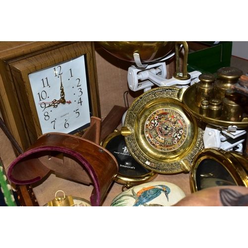 468 - TWO BOXES AND LOOSE METALWARES, CLOCKS, STAMPS AND SUNDRY ITEMS, to include boxed and unboxed Matchb... 