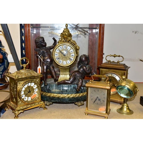 475 - A 20TH CENTURY ITALIAN FIGURAL BRONZE, MARBLE AND BRASS MANTEL CLOCK, Roman numerals, eight day Fran... 