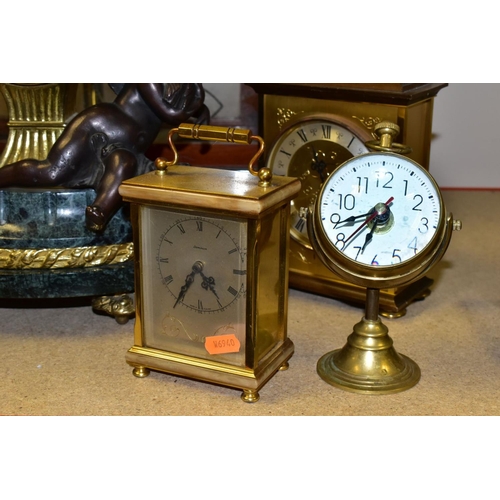 475 - A 20TH CENTURY ITALIAN FIGURAL BRONZE, MARBLE AND BRASS MANTEL CLOCK, Roman numerals, eight day Fran... 