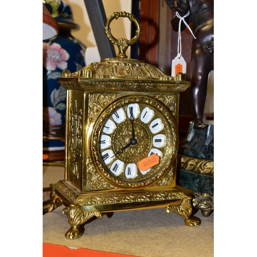 475 - A 20TH CENTURY ITALIAN FIGURAL BRONZE, MARBLE AND BRASS MANTEL CLOCK, Roman numerals, eight day Fran... 